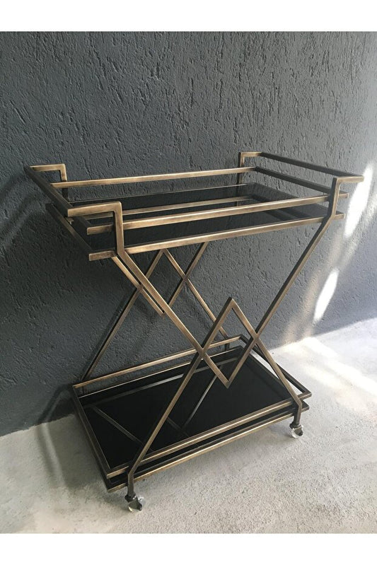 Verona Bar Servis Arabası, Eskitme Gold Kaplama Servis Arabası