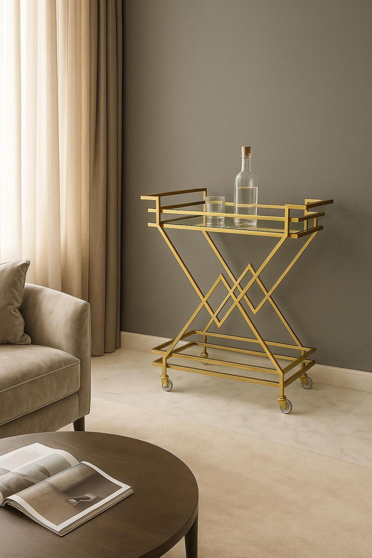 Metal Servis ve Sunum Arabası, Gold Modern Metal Servis Arabası – Şık ve Dekoratif İçecek Arabası