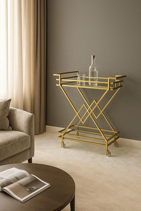 Metal Servis ve Sunum Arabası, Gold Modern Metal Servis Arabası – Şık ve Dekoratif İçecek Arabası