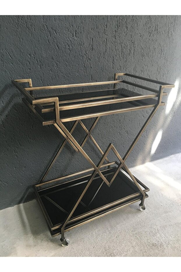 Verona Bar Servis Arabası, Eskitme Gold Kaplama Servis Arabası