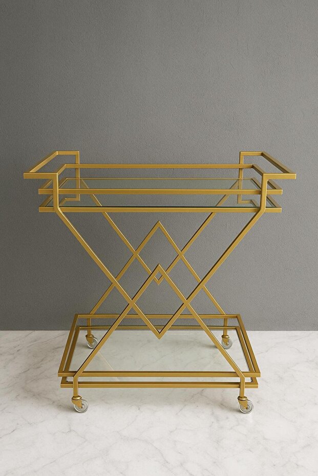 Metal Servis ve Sunum Arabası, Gold Modern Metal Servis Arabası – Şık ve Dekoratif İçecek Arabası