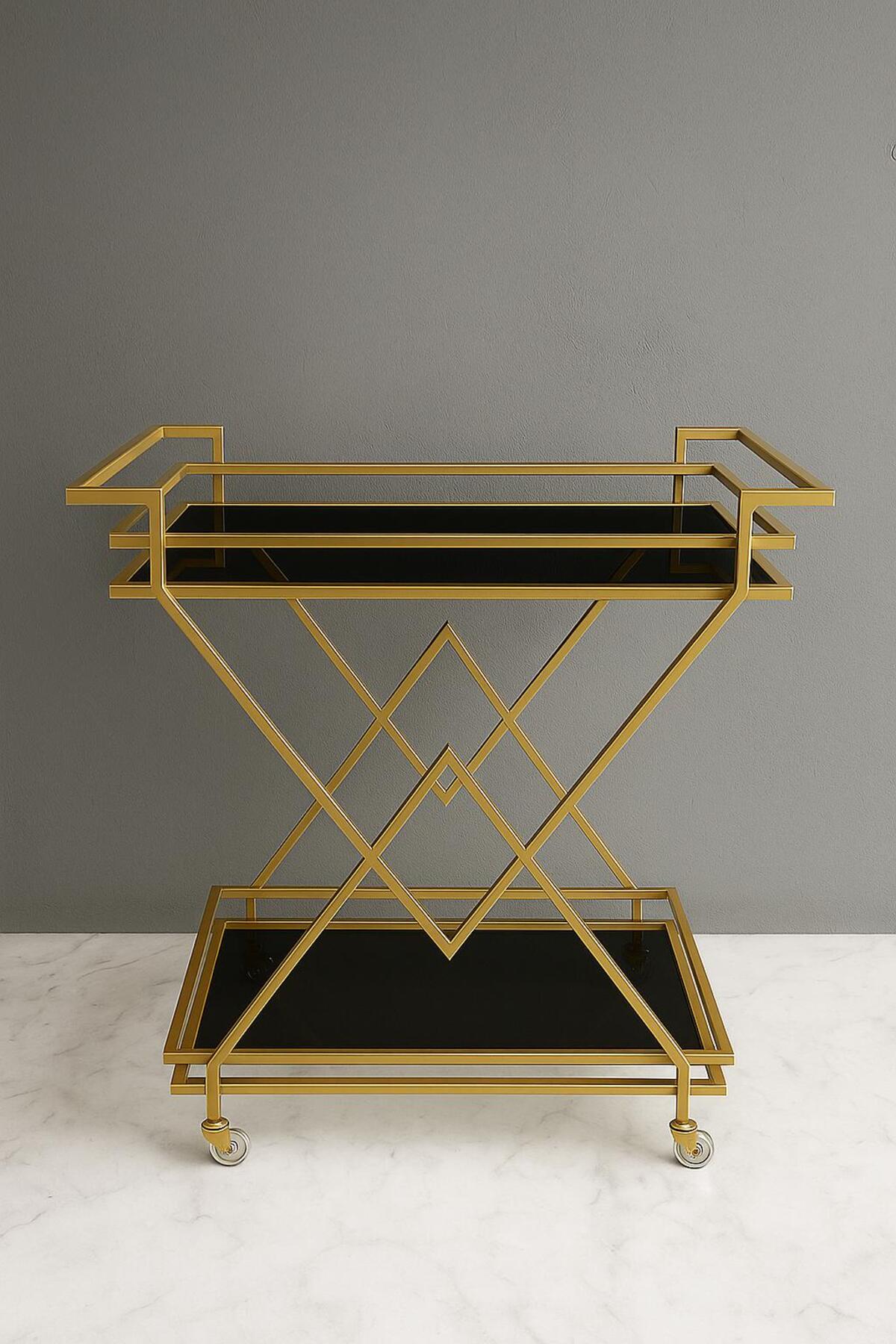 Metal Servis ve Sunum Arabası, Gold Modern Metal Servis Arabası – Şık ve Dekoratif İçecek Arabası
